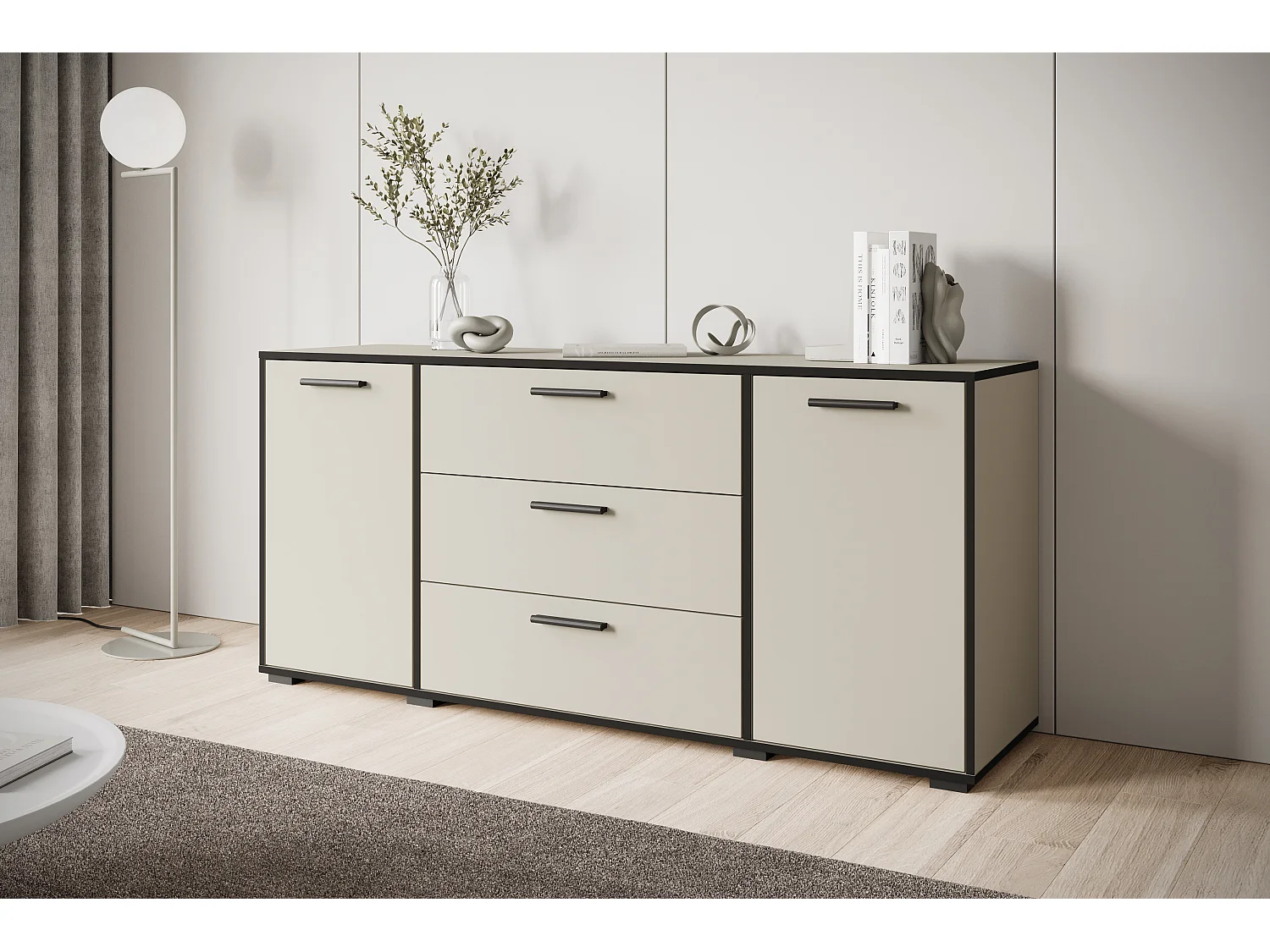 Modern byrå 150 cm för vardagsrum, 3 lådor och 2 skåp, kashmir