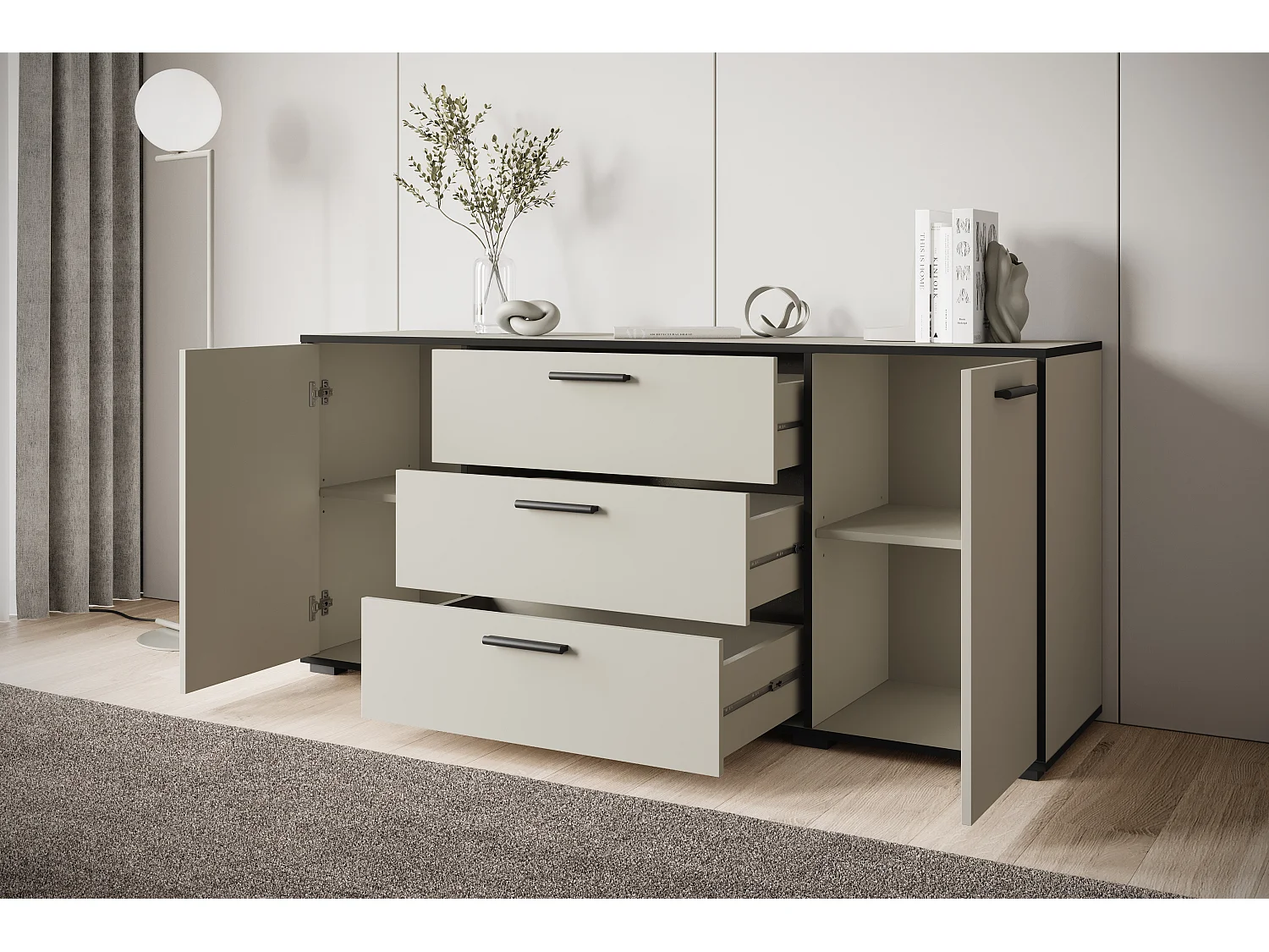 Modern byrå 150 cm för vardagsrum, 3 lådor och 2 skåp, kashmir