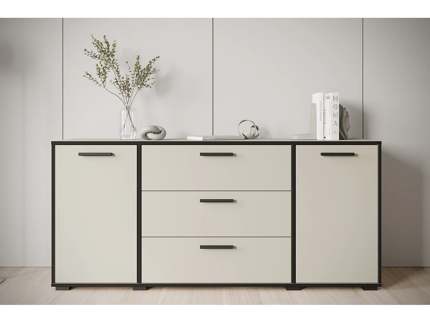Modern byrå 150 cm för vardagsrum, 3 lådor och 2 skåp, kashmir