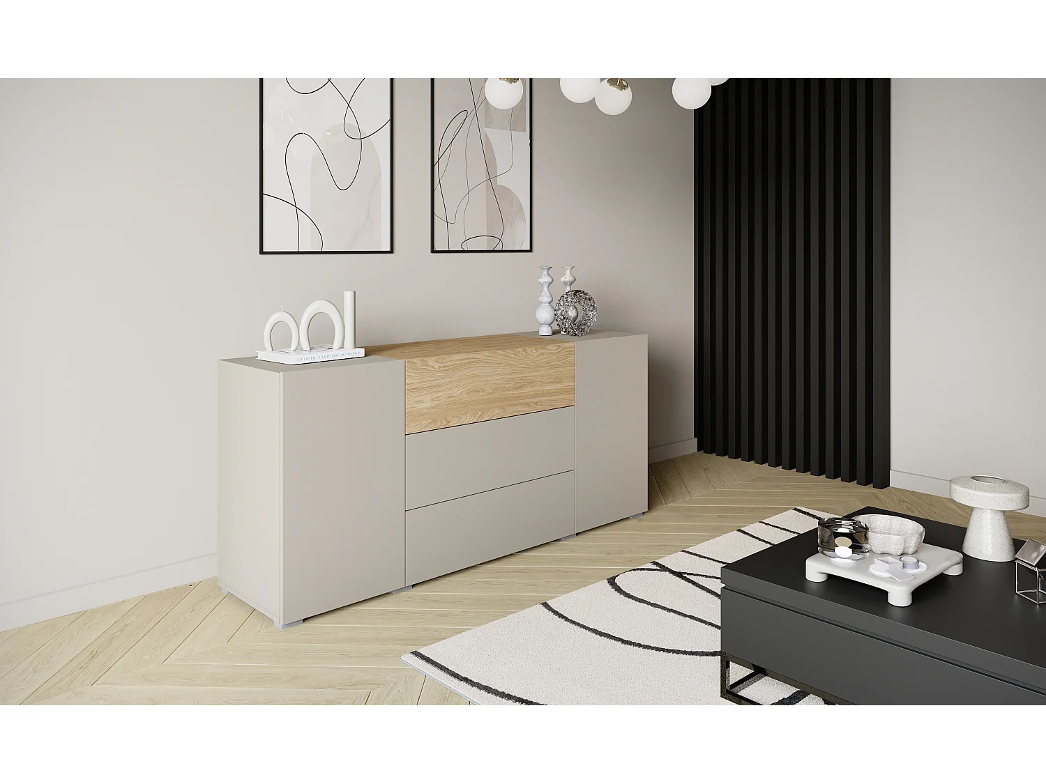 Modern byrå 150 cm, stående, 3 lådor och 2 skåp, matt kashmir