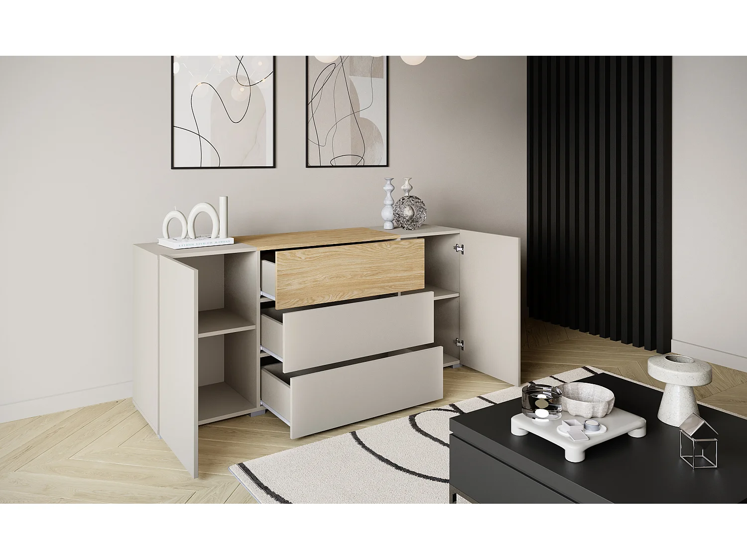 Modern byrå 150 cm, stående, 3 lådor och 2 skåp, matt kashmir