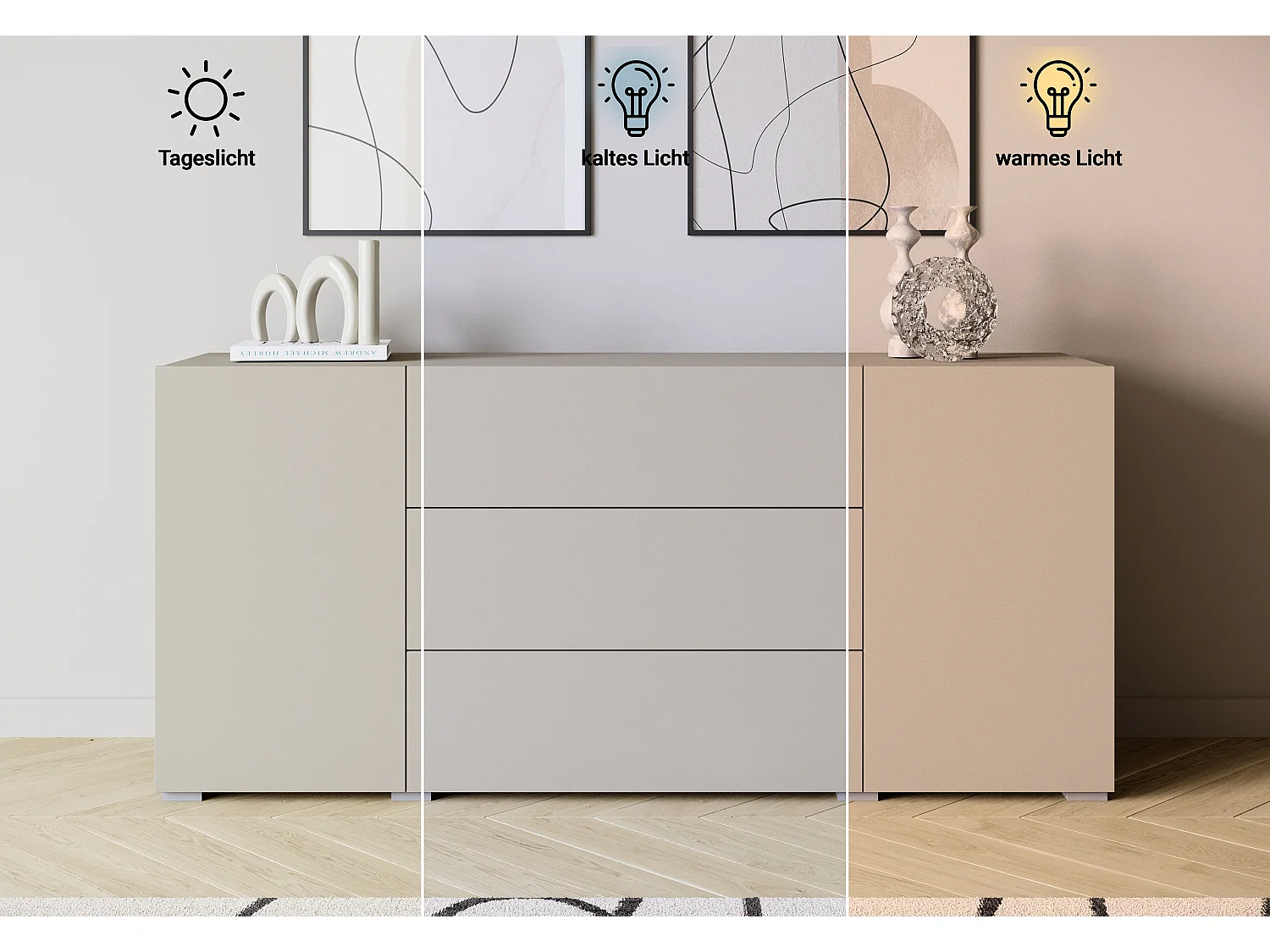 Modern byrå 150 cm, stående, 3 lådor och 2 skåp, matt kashmir