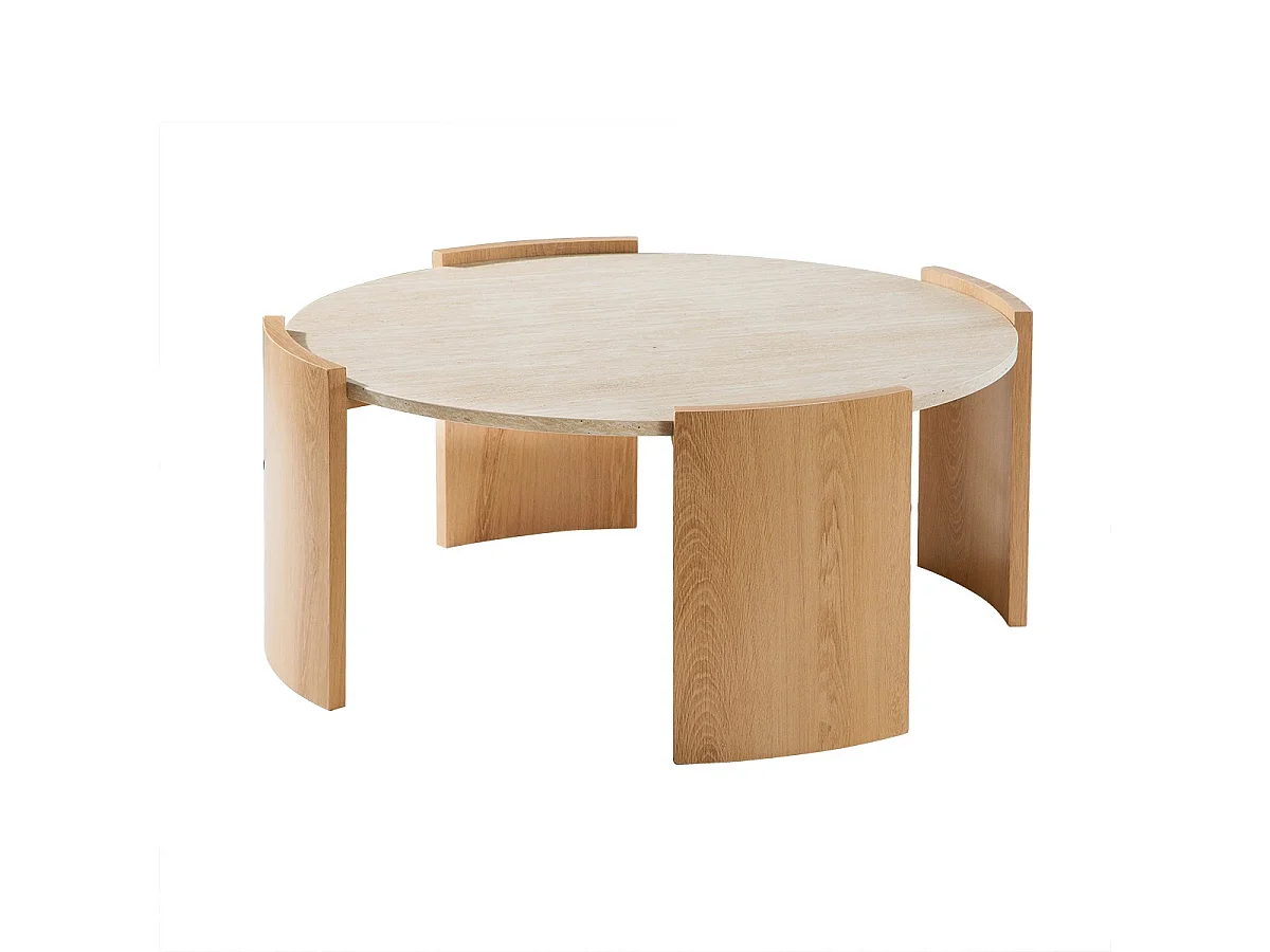 Table basse ronde plateau effet travertin et pieds effet bois D80 cm - IZIA