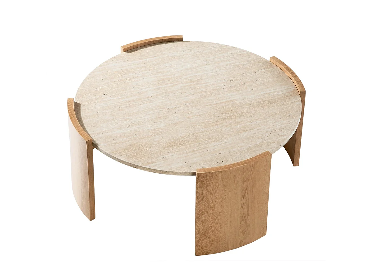 Table basse ronde plateau effet travertin et pieds effet bois D80 cm - IZIA