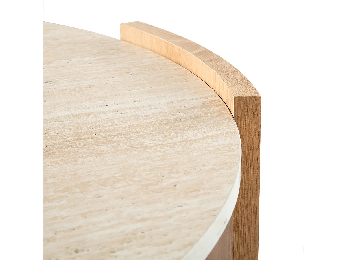 Table basse ronde plateau effet travertin et pieds effet bois D80 cm - IZIA