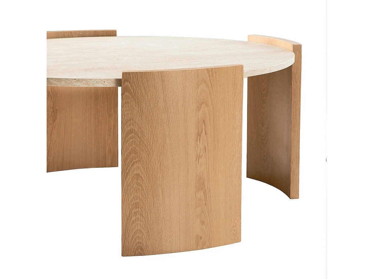 Table basse ronde plateau effet travertin et pieds effet bois D80 cm - IZIA