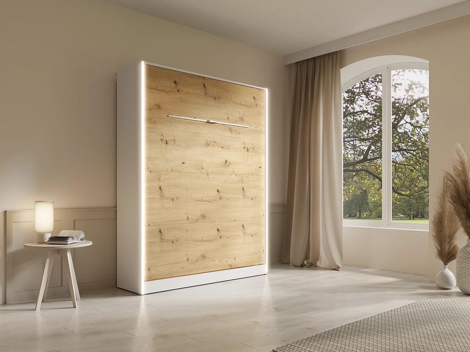 Lit escamotable 160 x 200 cm - Ouverture verticale manuelle - Avec LEDs - Blanc et naturel - RAPILI