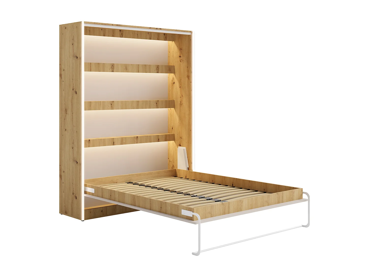 Lit escamotable 140 x 200 cm - Ouverture verticale manuelle - Avec LEDs - Beige et naturel - RAPILI