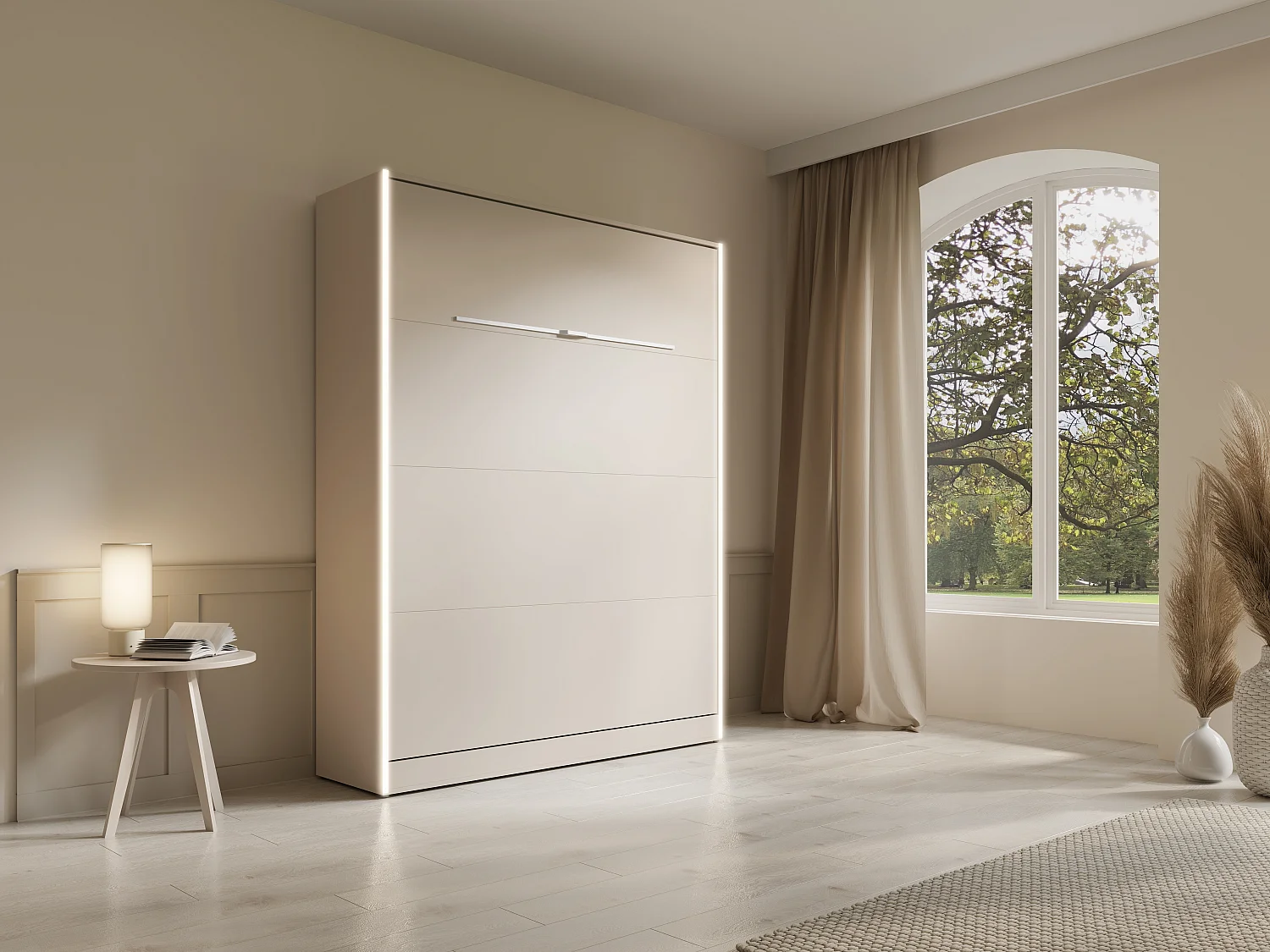 Lit escamotable 140 x 200 cm - Ouverture verticale manuelle - Avec LEDs - Beige - RAPILI