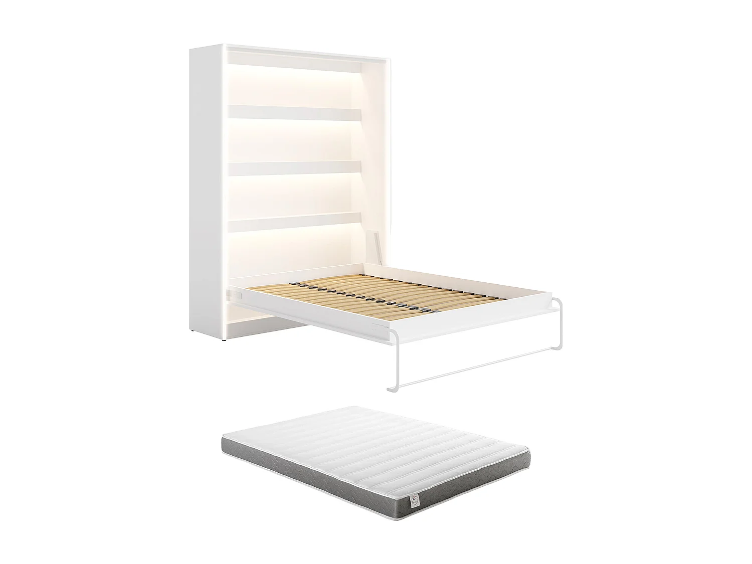 Lit escamotable 160 x 200 cm - Ouverture verticale manuelle - Avec LEDs - Blanc + Matelas - RAPILI