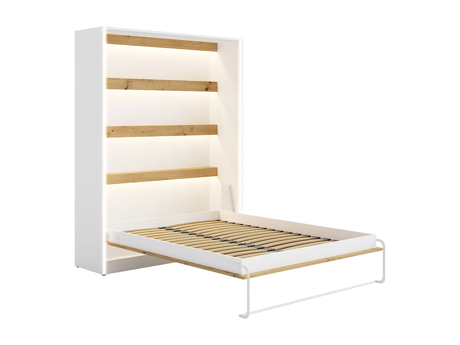 Lit escamotable 160 x 200 cm - Ouverture verticale manuelle - Avec LEDs - Blanc et naturel + Matelas - RAPILI