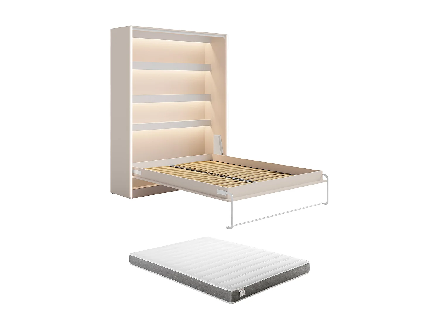 Lit escamotable 160 x 200 cm - Ouverture verticale manuelle - Avec LEDs - Beige + Matelas - RAPILI