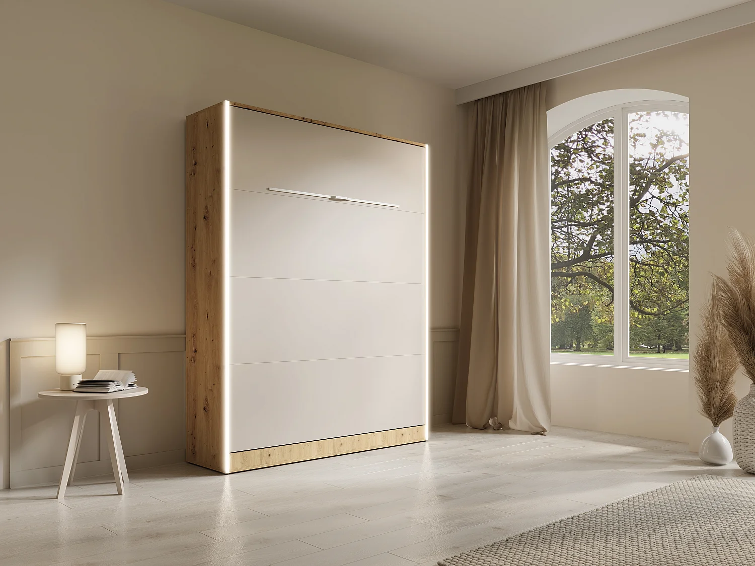 Lit escamotable 160 x 200 cm - Ouverture verticale manuelle - Avec LEDs – Beige et naturel + Matelas - RAPILI