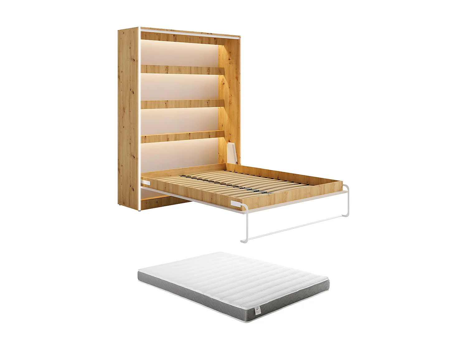 Lit escamotable 160 x 200 cm - Ouverture verticale manuelle - Avec LEDs – Beige et naturel + Matelas - RAPILI