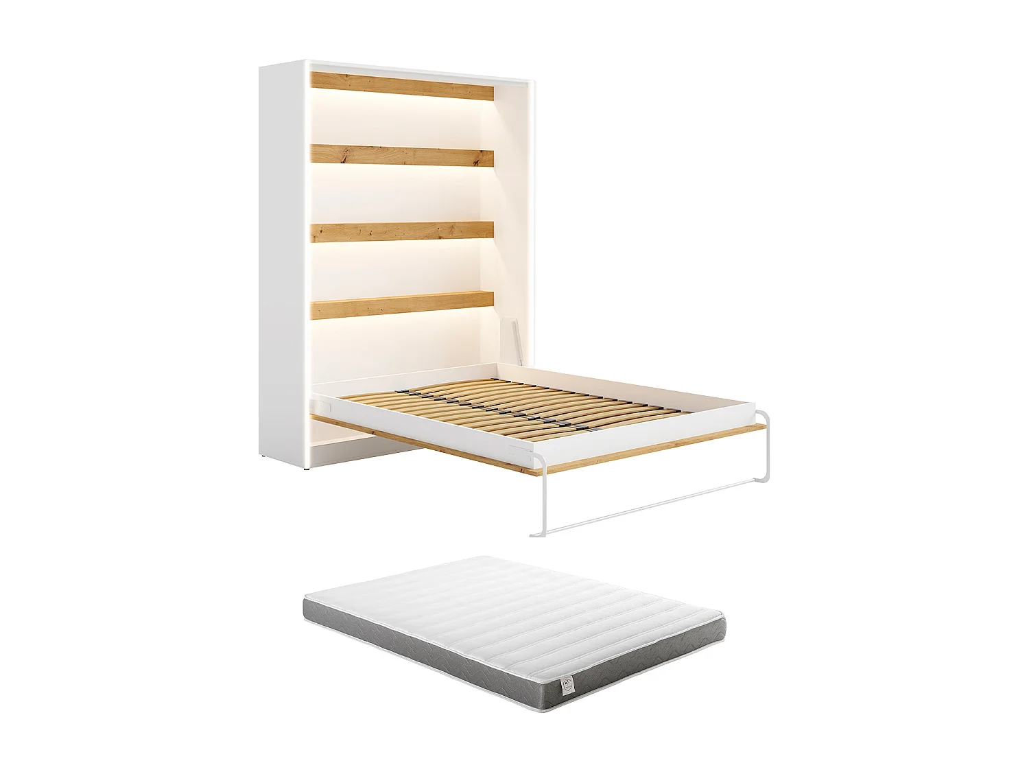Lit escamotable 140 x 200 cm - Ouverture verticale manuelle - Avec LEDs - Blanc et naturel + Matelas - RAPILI