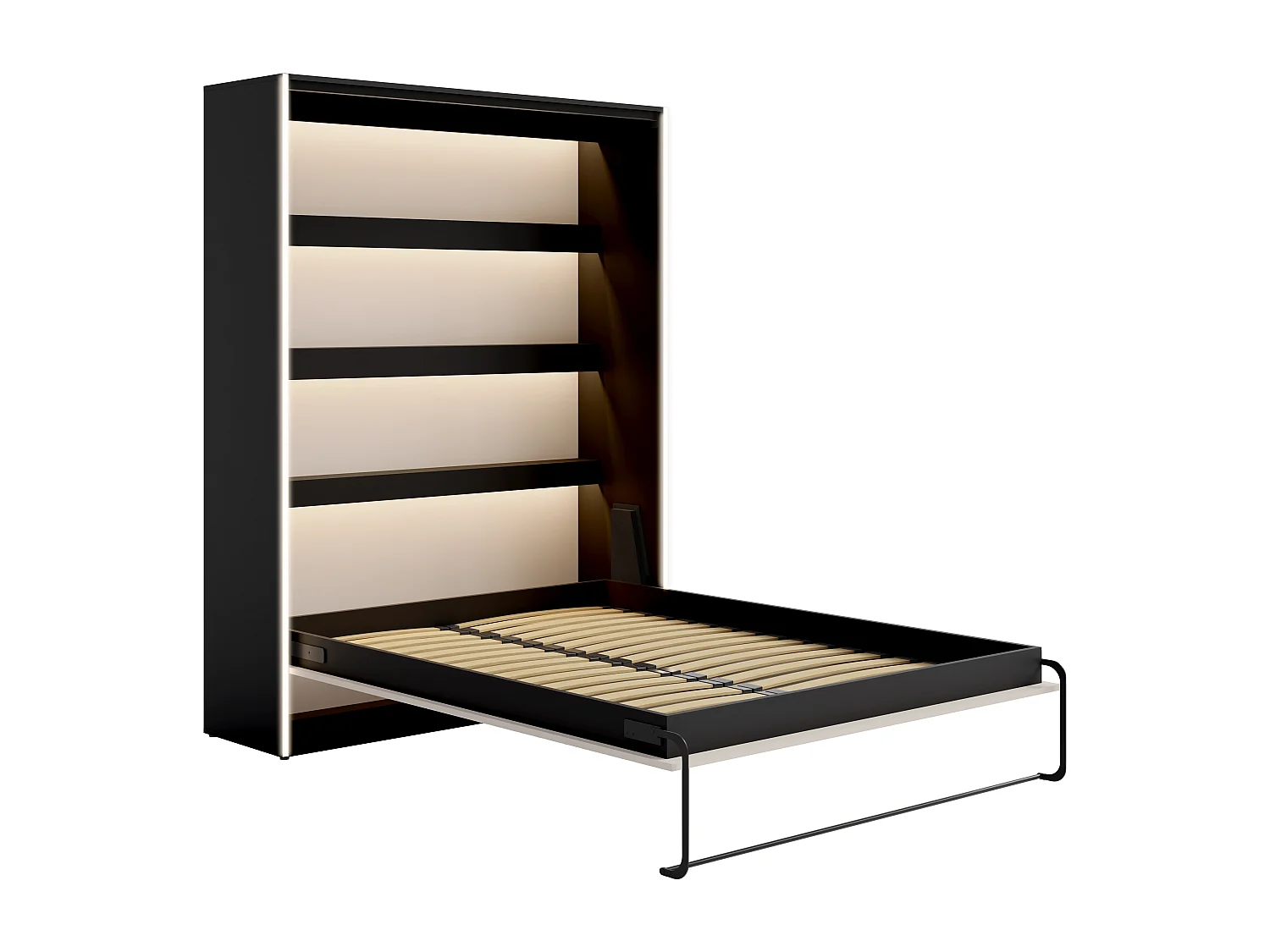 Lit escamotable 160 x 200 cm - Ouverture verticale manuelle - Avec LEDs - Noir et beige + Matelas - RAPILI