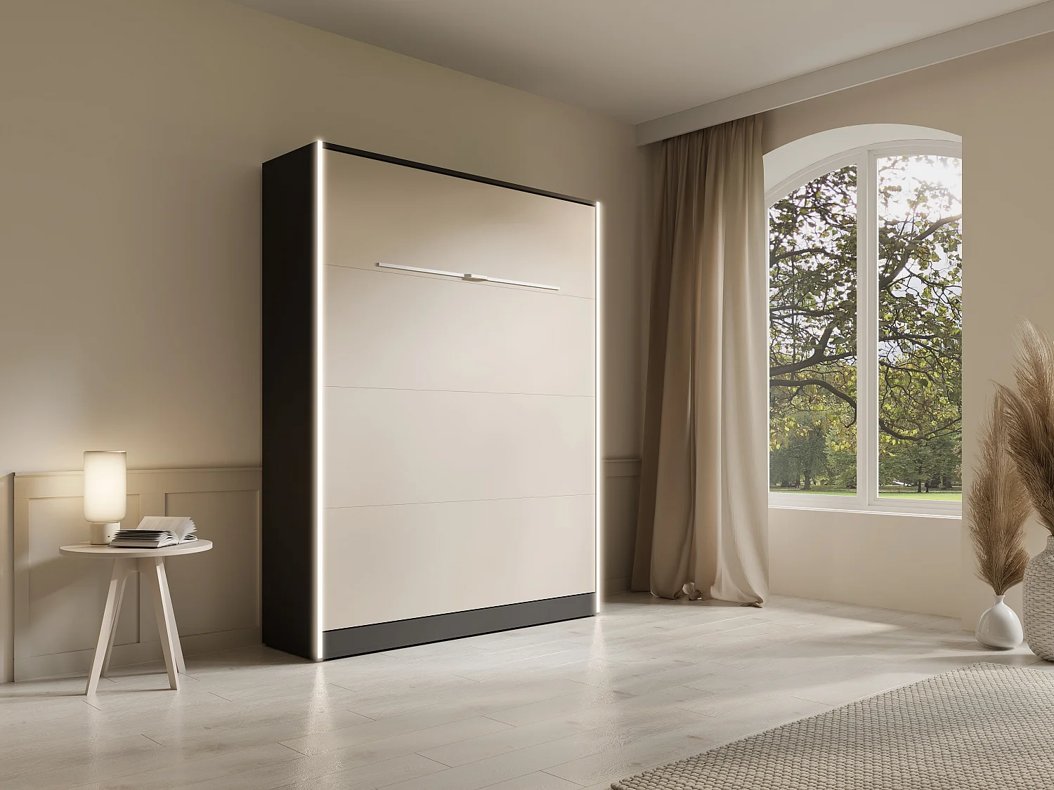 Lit escamotable 160 x 200 cm - Ouverture verticale manuelle - Avec LEDs - Noir et beige + Matelas - RAPILI