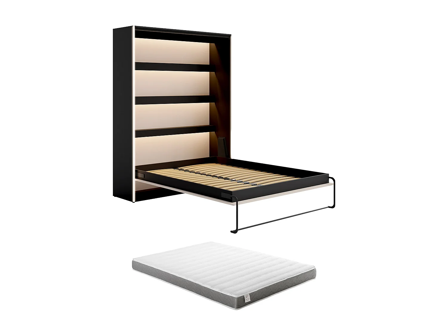 Lit escamotable 160 x 200 cm - Ouverture verticale manuelle - Avec LEDs - Noir et beige + Matelas - RAPILI