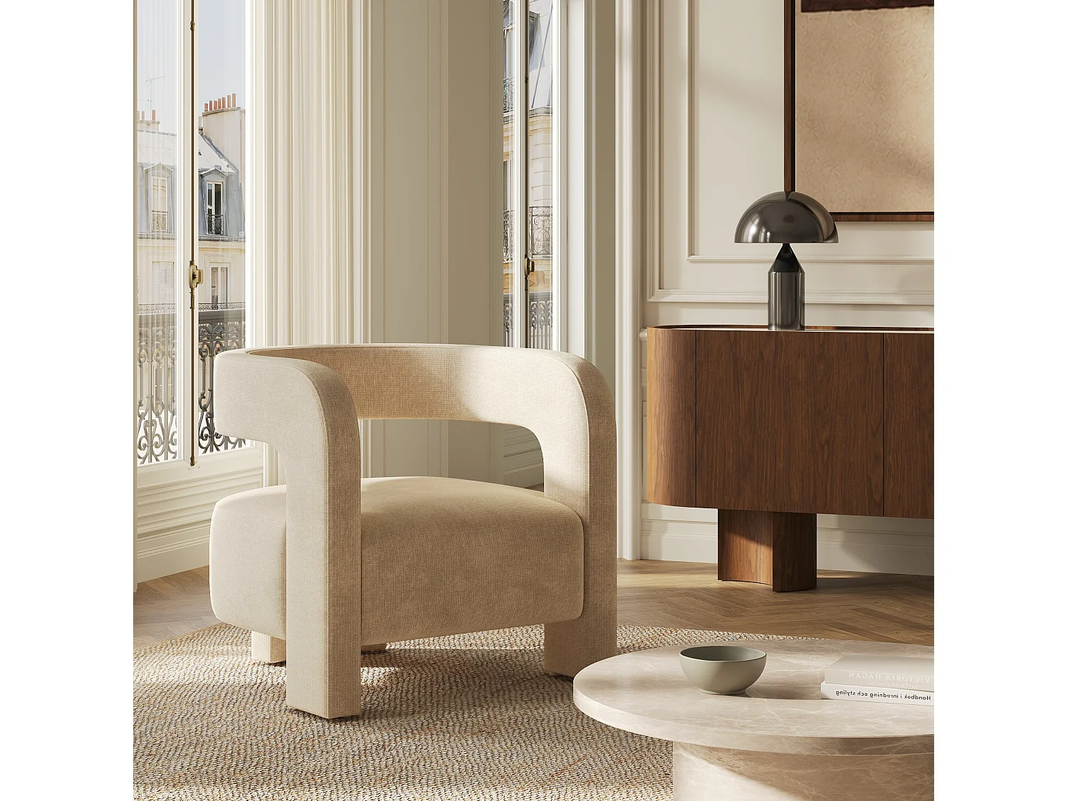 Fauteuil PERLE en velours chenillé beige foncé