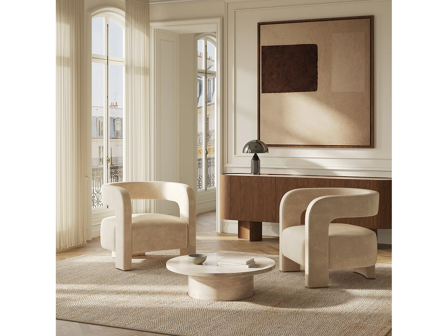 Fauteuil PERLE en velours chenillé beige foncé