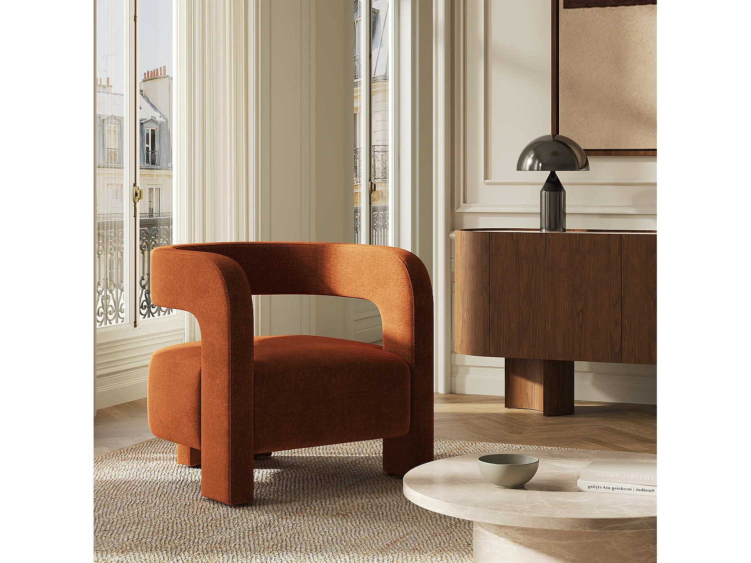 Fauteuil PERLE en velours chenillé terracotta