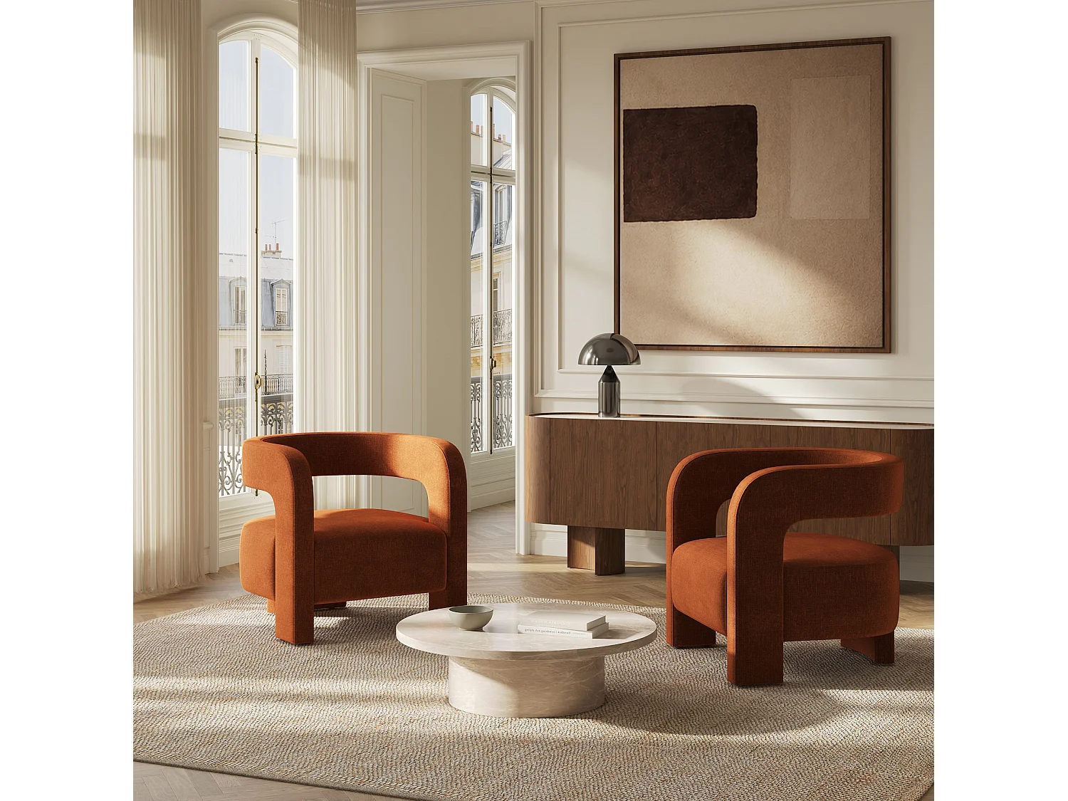 Fauteuil PERLE en velours chenillé terracotta