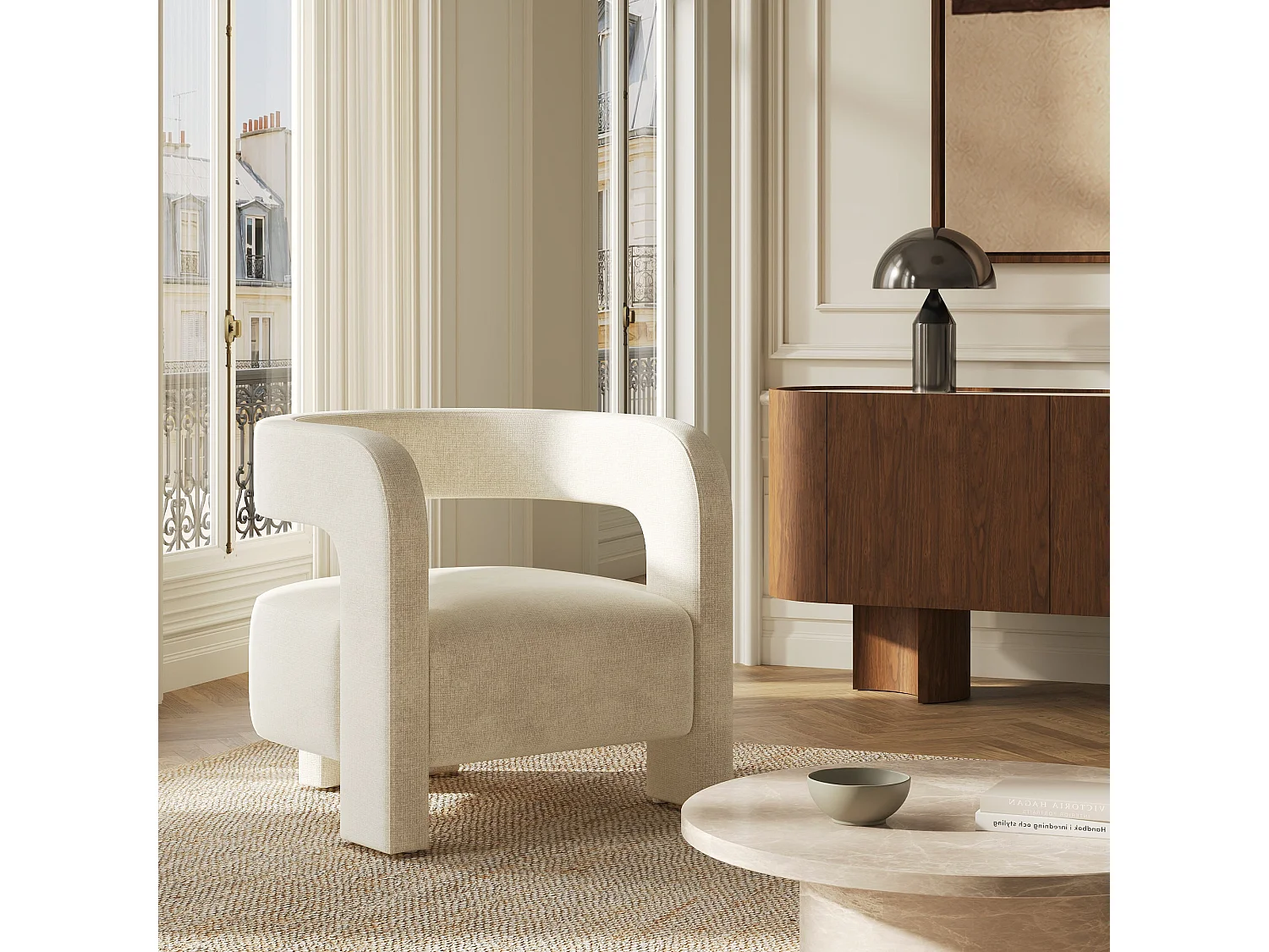 Fauteuil PERLE en velours chenillé crème