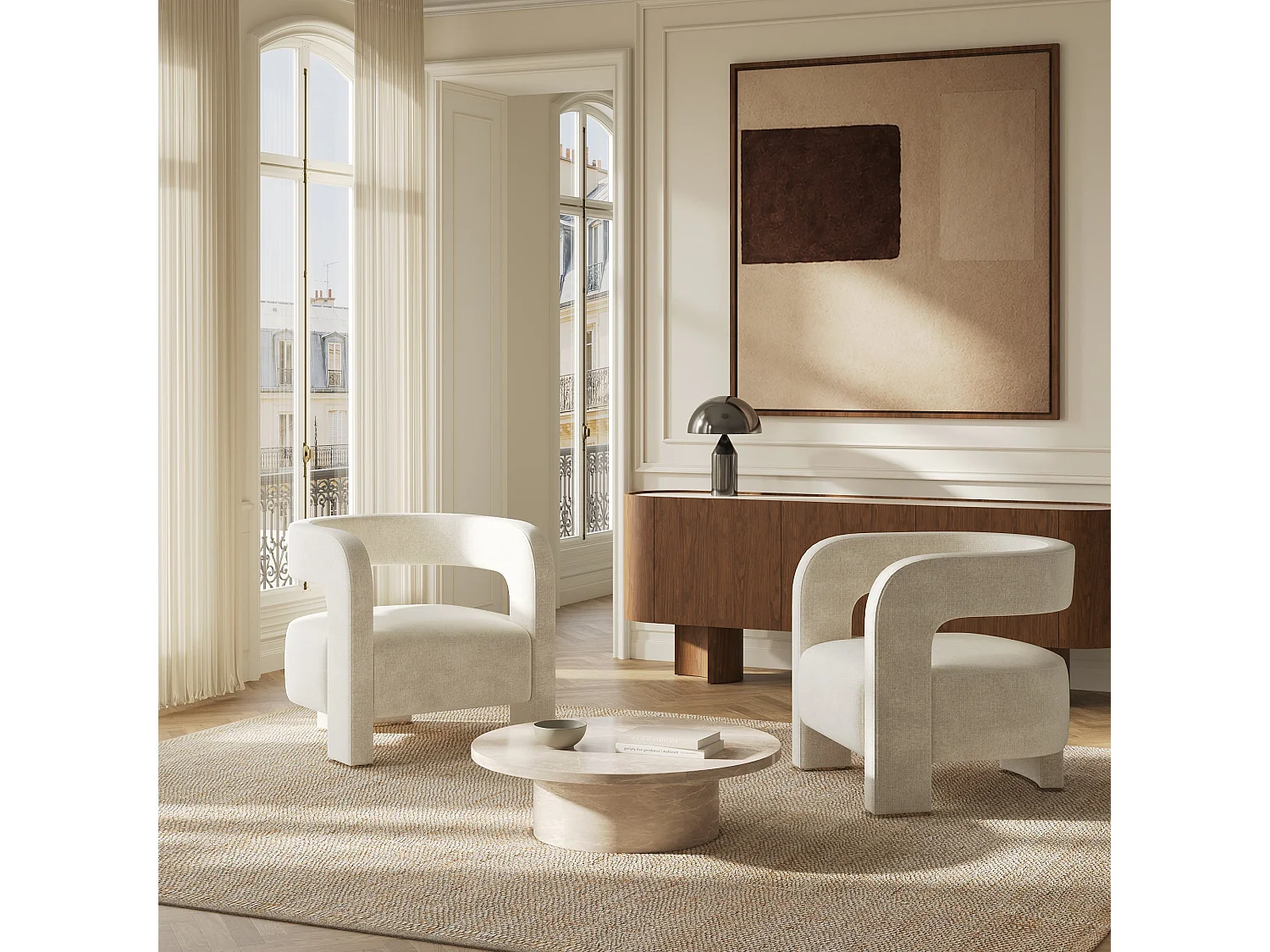 Fauteuil PERLE en velours chenillé crème