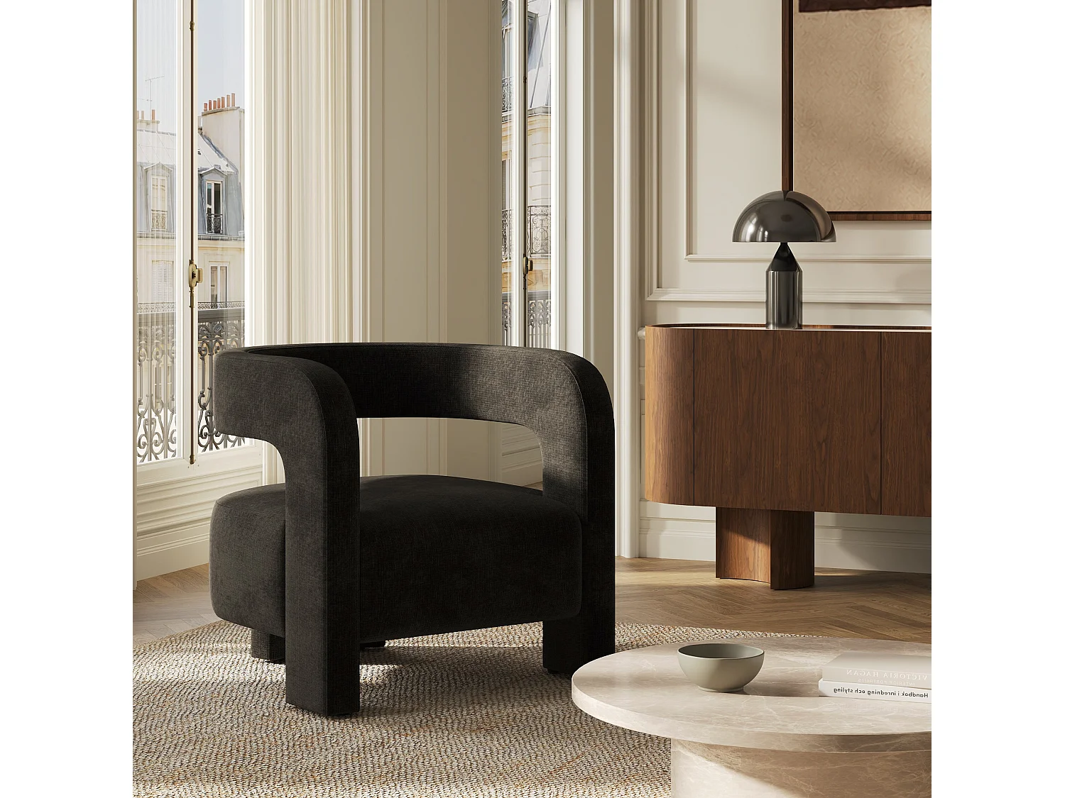 Fauteuil PERLE en velours chenillé noir