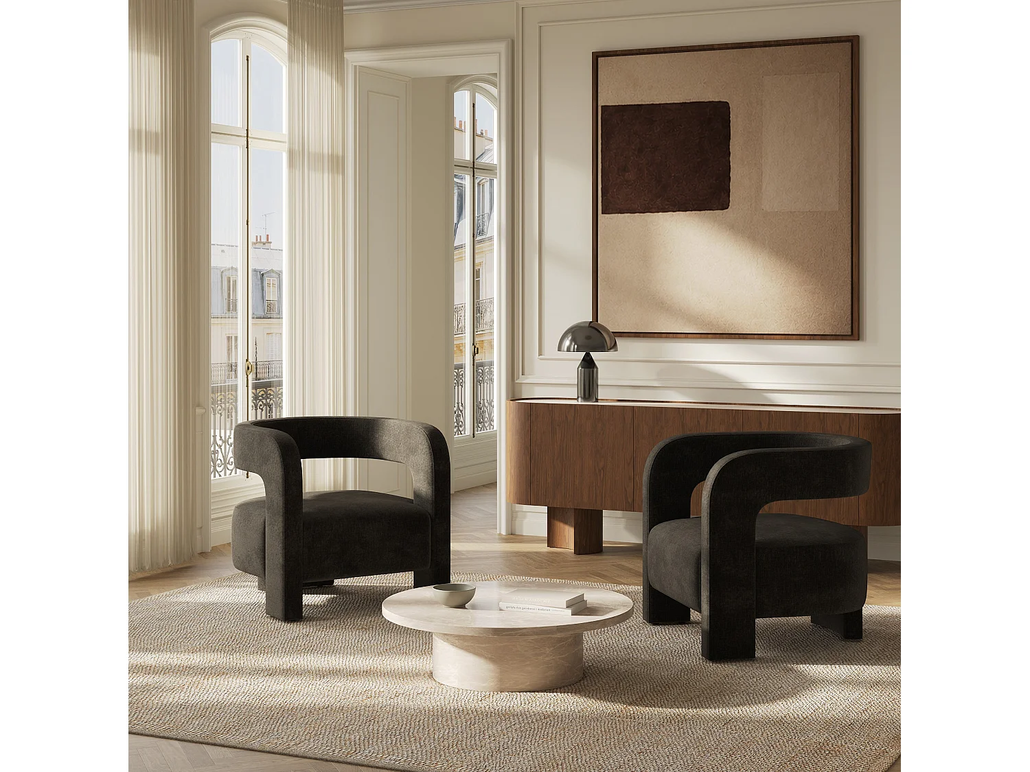 Fauteuil PERLE en velours chenillé noir