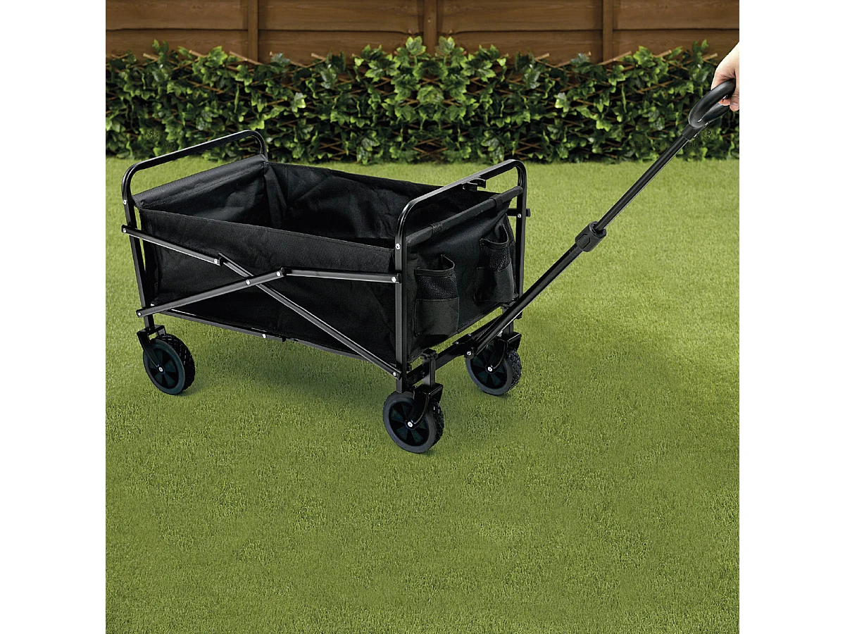Chariot de jardin pliant et portable à roulettes pivotantes, coloris noir-Longueur 73 x Profondeur 46 x Hauteur 90 cm