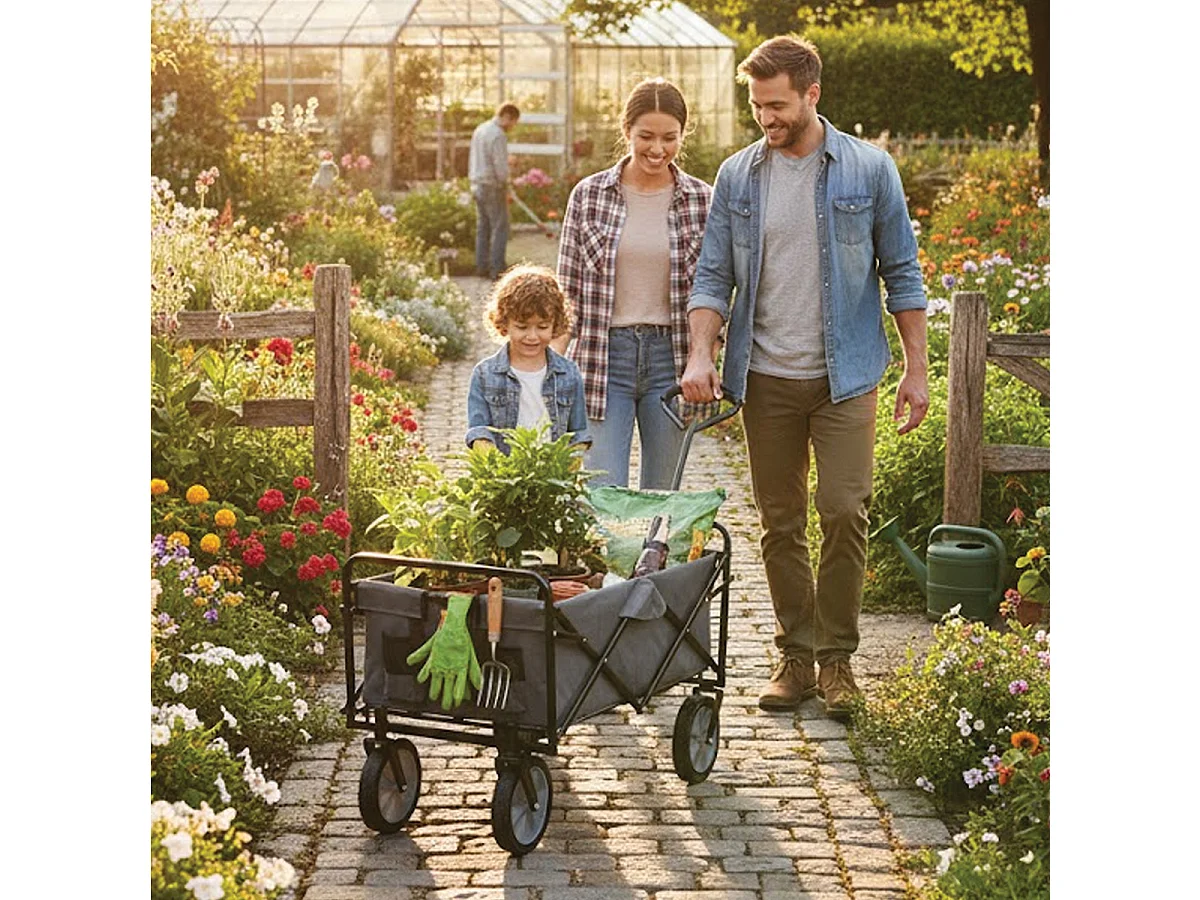 Chariot de jardin pliant et portable à roulettes pivotantes,coloris noir-Longueur 91 x Profondeur 52.5 x Hauteur 64 cm