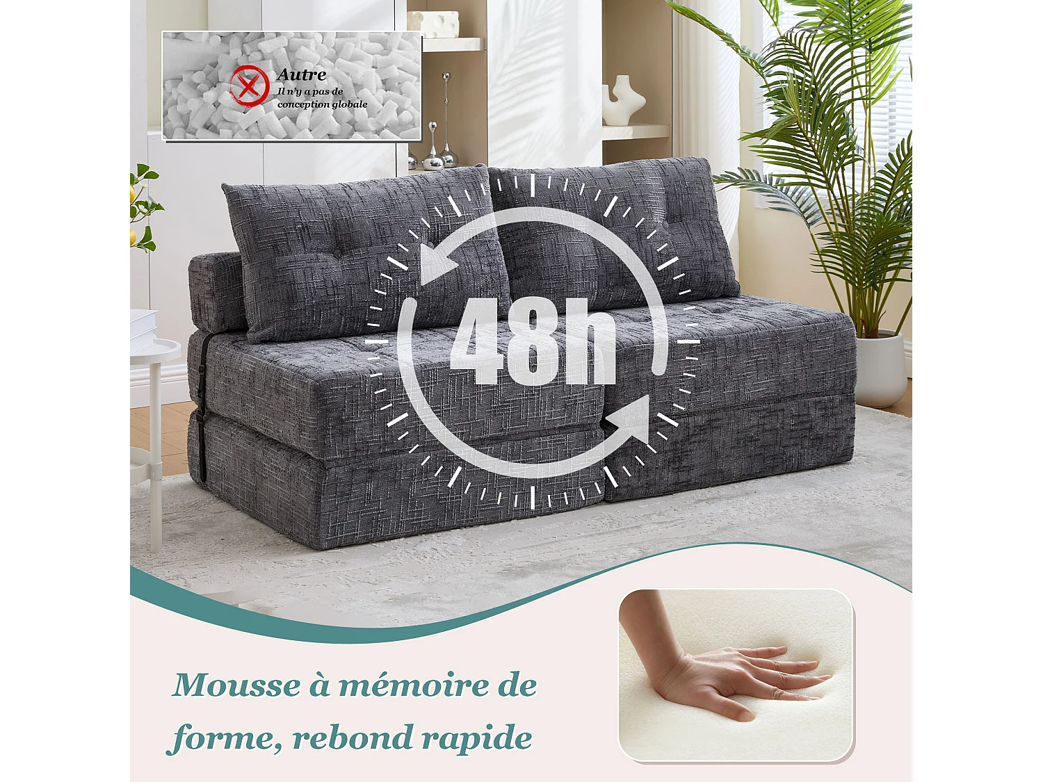 Inklapbare Slaapbank - Opvouwbare Sofa Met Hoofd- En Lendekussens - Hoogdicht Schuim, Chenille Bekleding - Voor Woonkamer En Slaapkamer - Grijs