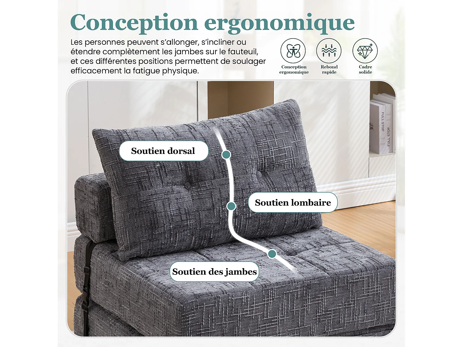 Inklapbare Slaapbank - Opvouwbare Sofa Met Hoofd- En Lendekussens - Hoogdicht Schuim, Chenille Bekleding - Voor Woonkamer En Slaapkamer - Grijs