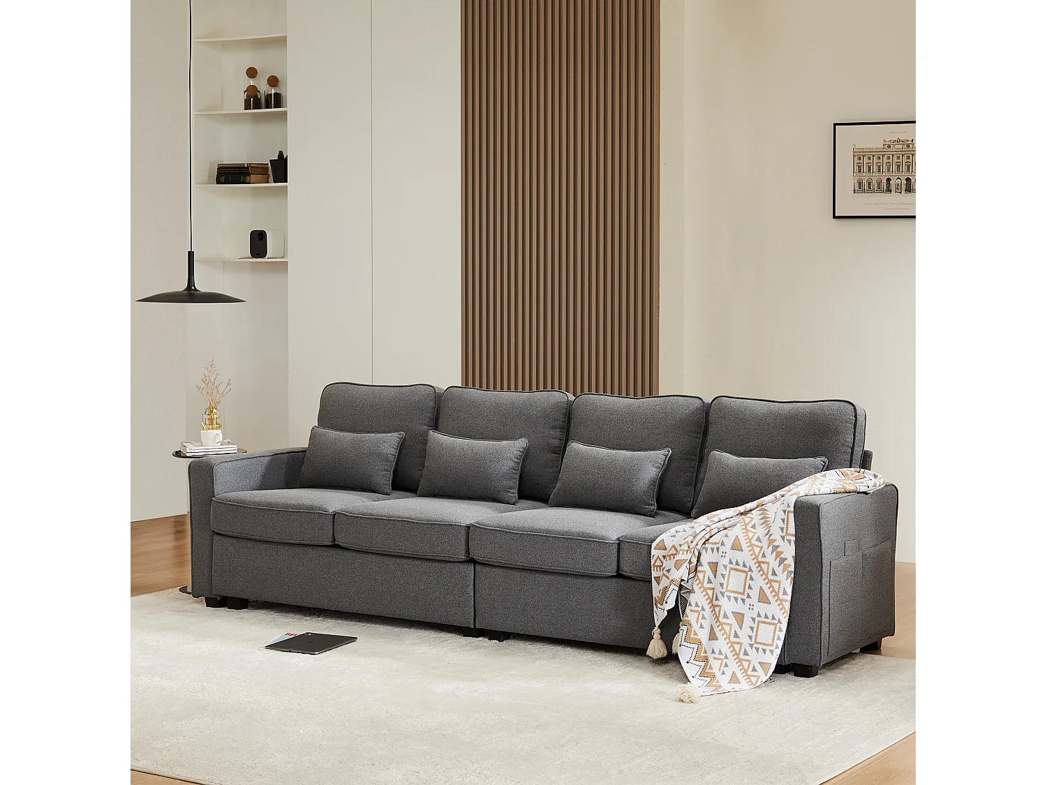 Canapé 4 Places 264x83x87 cm – Dossier Haut & Poches d'Accoudoir, 4 Coussins Lombaires, Assise Mousse Haute Élasticité – Lin – Gris Foncé