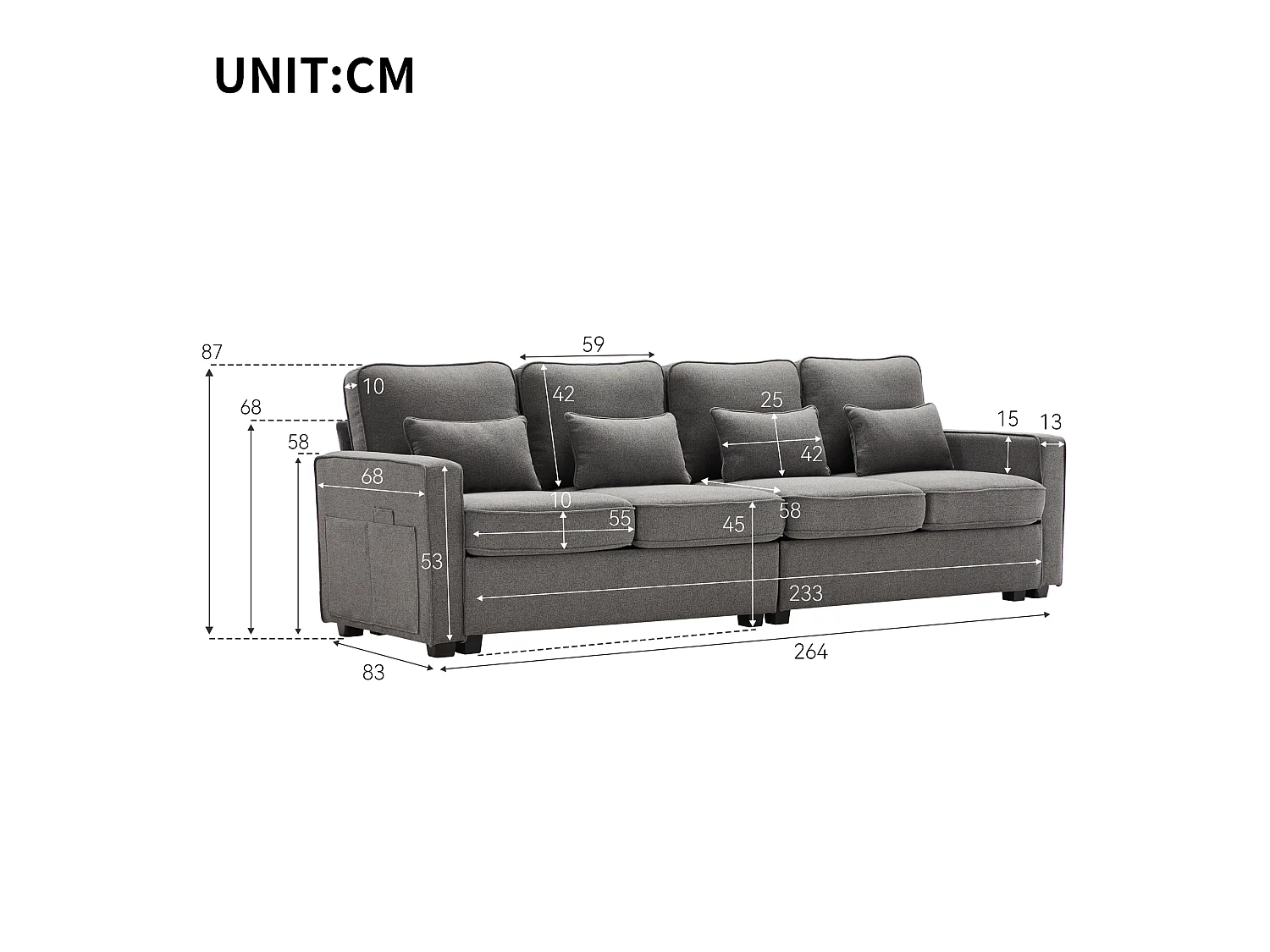 Canapé 4 Places 264x83x87 cm – Dossier Haut & Poches d'Accoudoir, 4 Coussins Lombaires, Assise Mousse Haute Élasticité – Lin – Gris Foncé