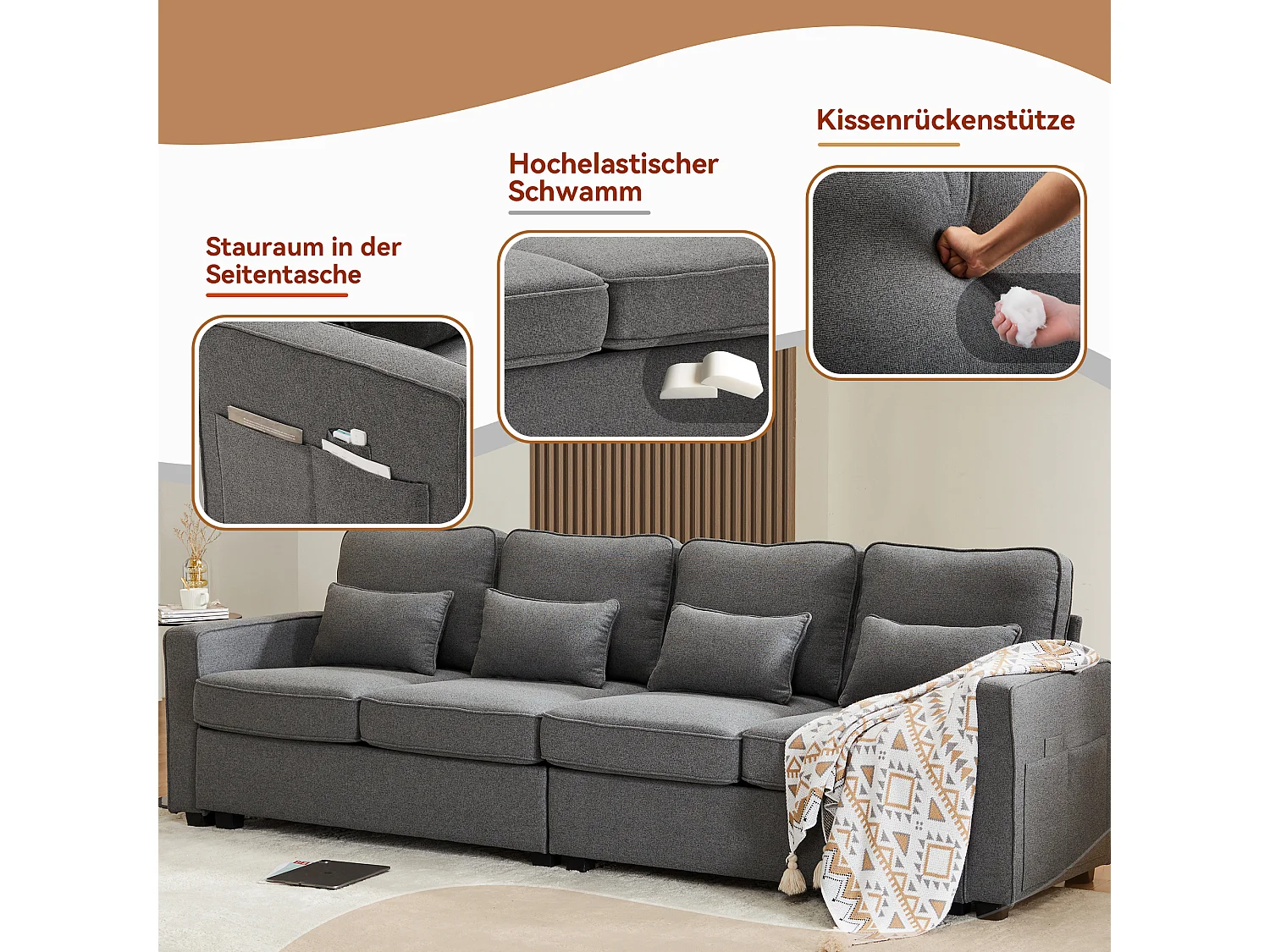 Canapé 4 Places 264x83x87 cm – Dossier Haut & Poches d'Accoudoir, 4 Coussins Lombaires, Assise Mousse Haute Élasticité – Lin – Gris Foncé