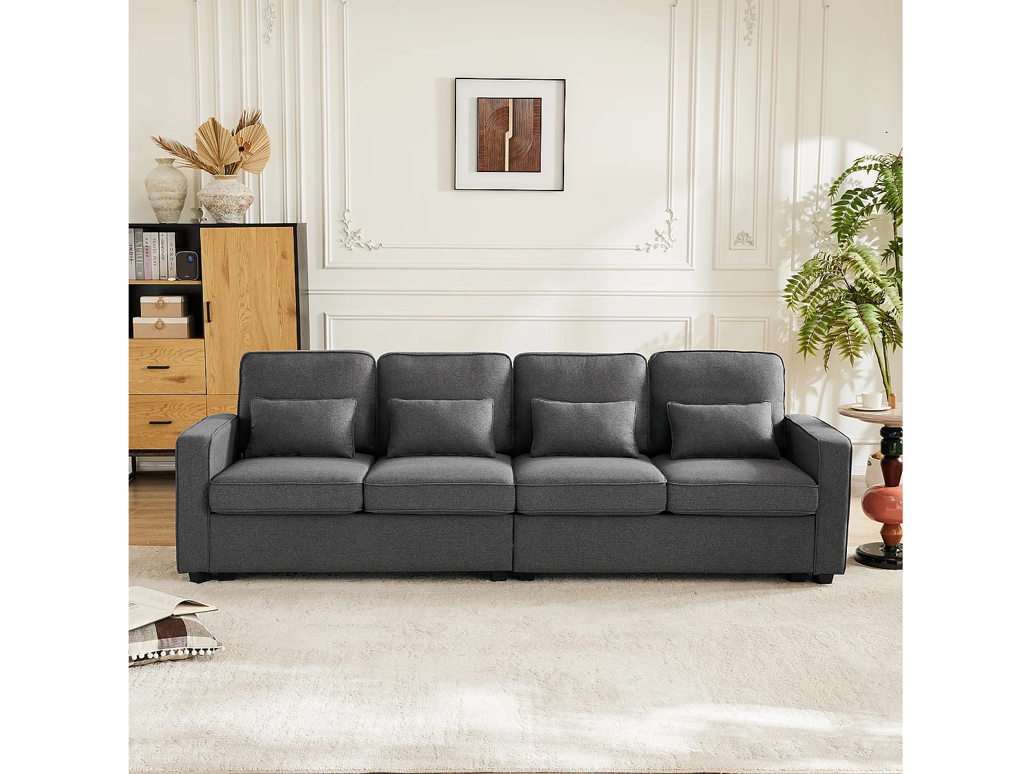 Canapé 4 Places 264x83x87 cm – Dossier Haut & Poches d'Accoudoir, 4 Coussins Lombaires, Assise Mousse Haute Élasticité – Lin – Gris Foncé