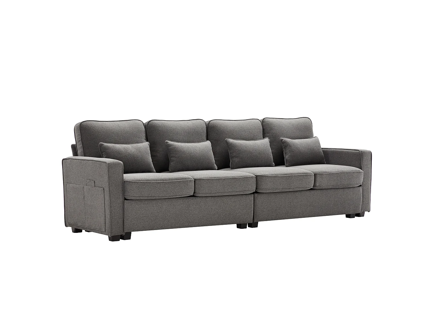 Canapé 4 Places 264x83x87 cm – Dossier Haut & Poches d'Accoudoir, 4 Coussins Lombaires, Assise Mousse Haute Élasticité – Lin – Gris Foncé