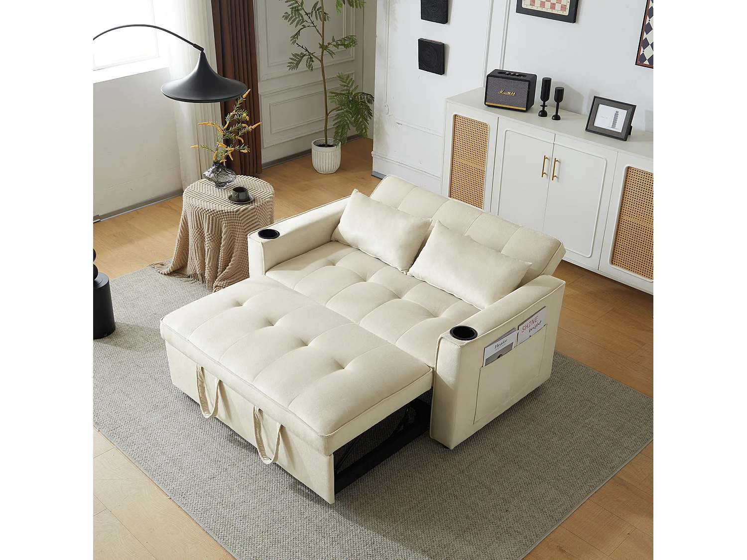 Canapé-lit 2 places – Convertible 3 positions, porte-gobelets & poches latérales, coussins déhoussables, cadre bois-métal – Velours – Beige