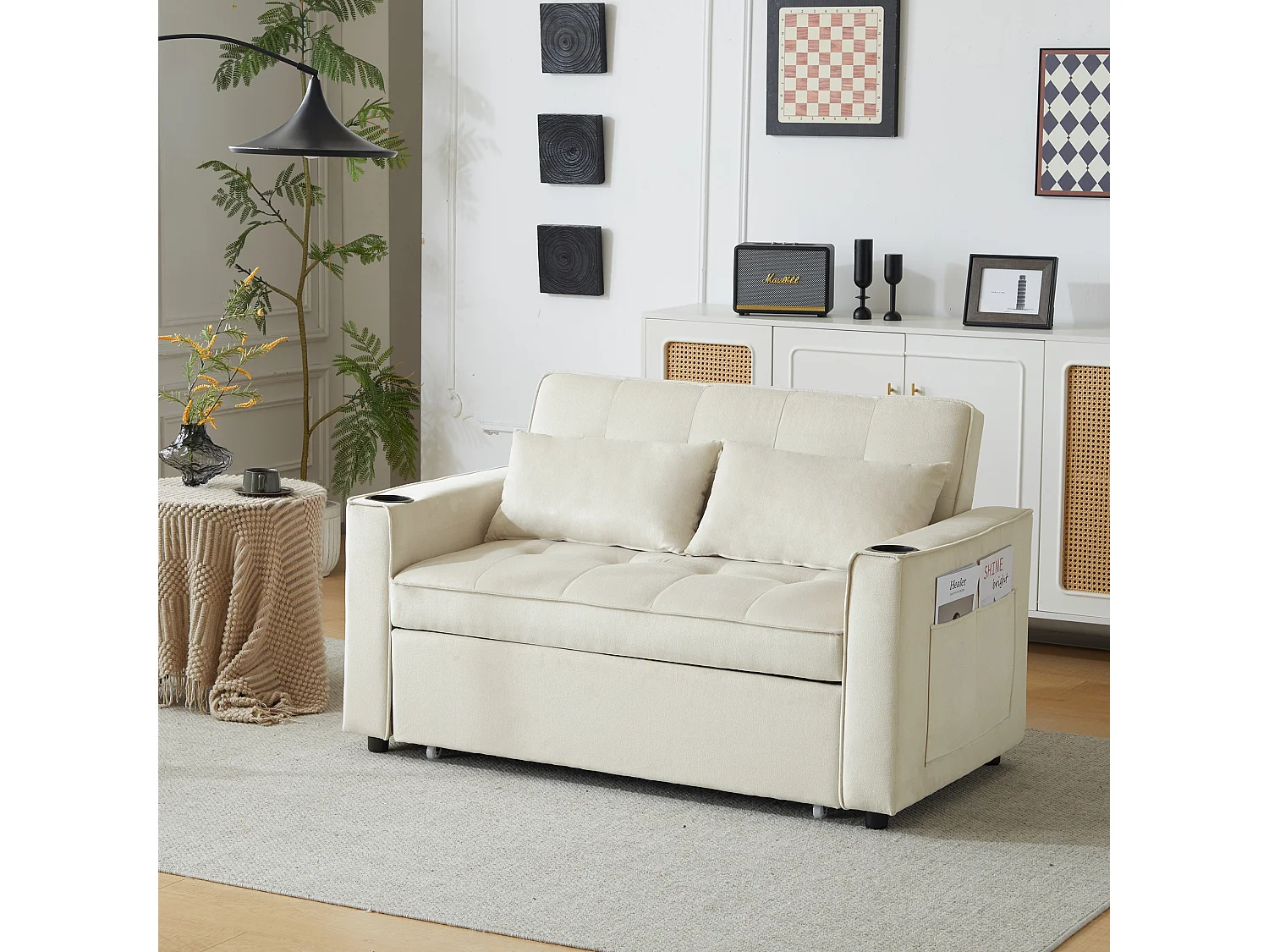 Canapé-lit 2 places – Convertible 3 positions, porte-gobelets & poches latérales, coussins déhoussables, cadre bois-métal – Velours – Beige