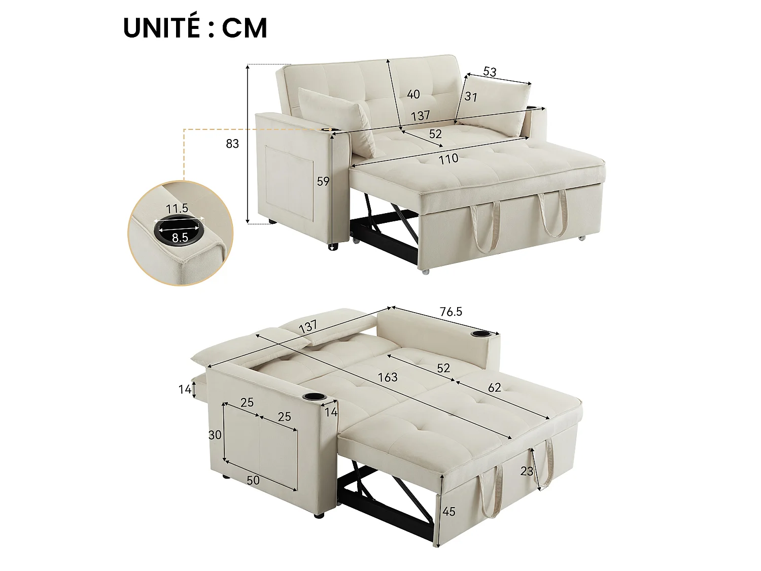 Canapé-lit 2 places – Convertible 3 positions, porte-gobelets & poches latérales, coussins déhoussables, cadre bois-métal – Velours – Beige