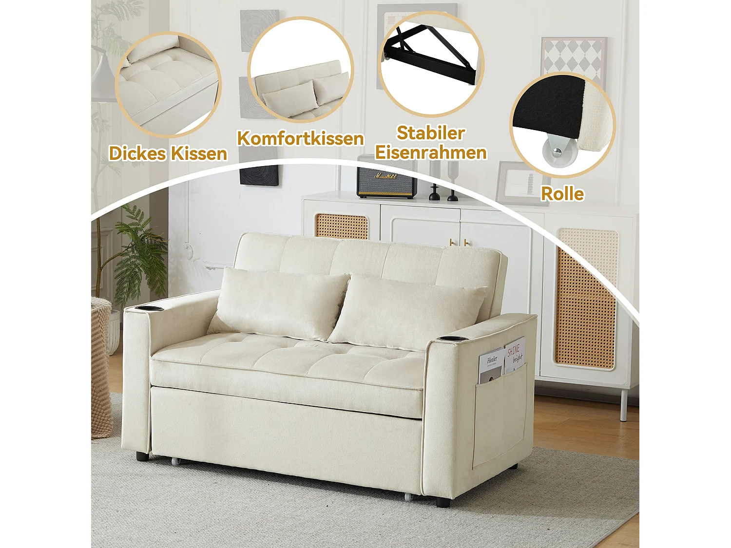 Canapé-lit 2 places – Convertible 3 positions, porte-gobelets & poches latérales, coussins déhoussables, cadre bois-métal – Velours – Beige