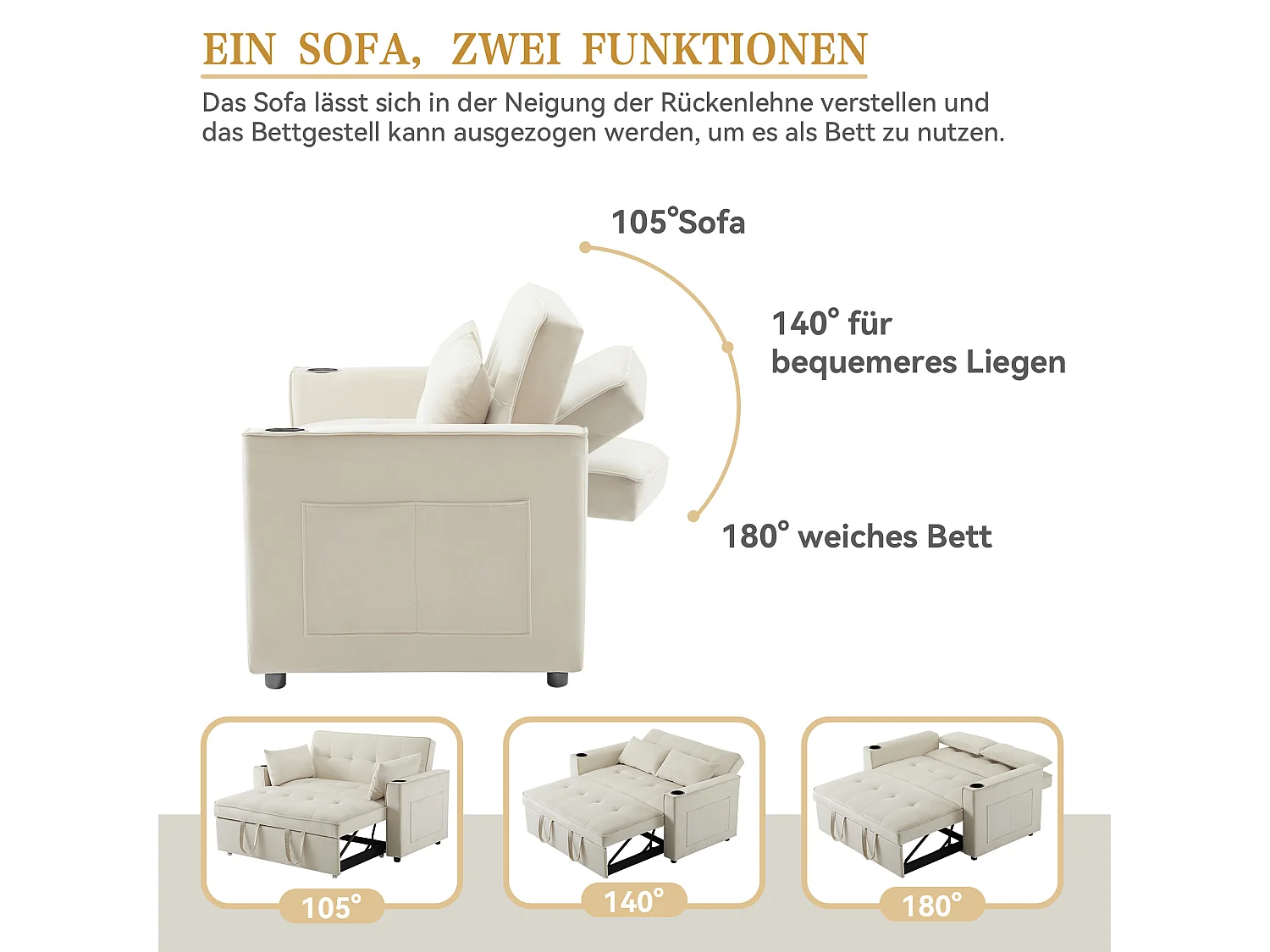 Canapé-lit 2 places – Convertible 3 positions, porte-gobelets & poches latérales, coussins déhoussables, cadre bois-métal – Velours – Beige