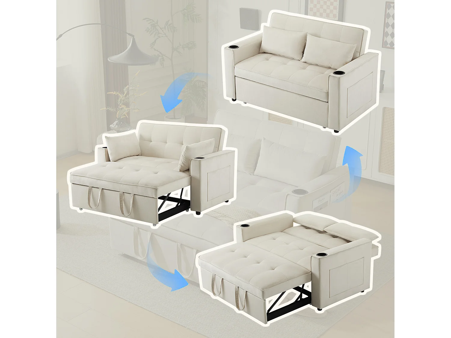 Canapé-lit 2 places – Convertible 3 positions, porte-gobelets & poches latérales, coussins déhoussables, cadre bois-métal – Velours – Beige