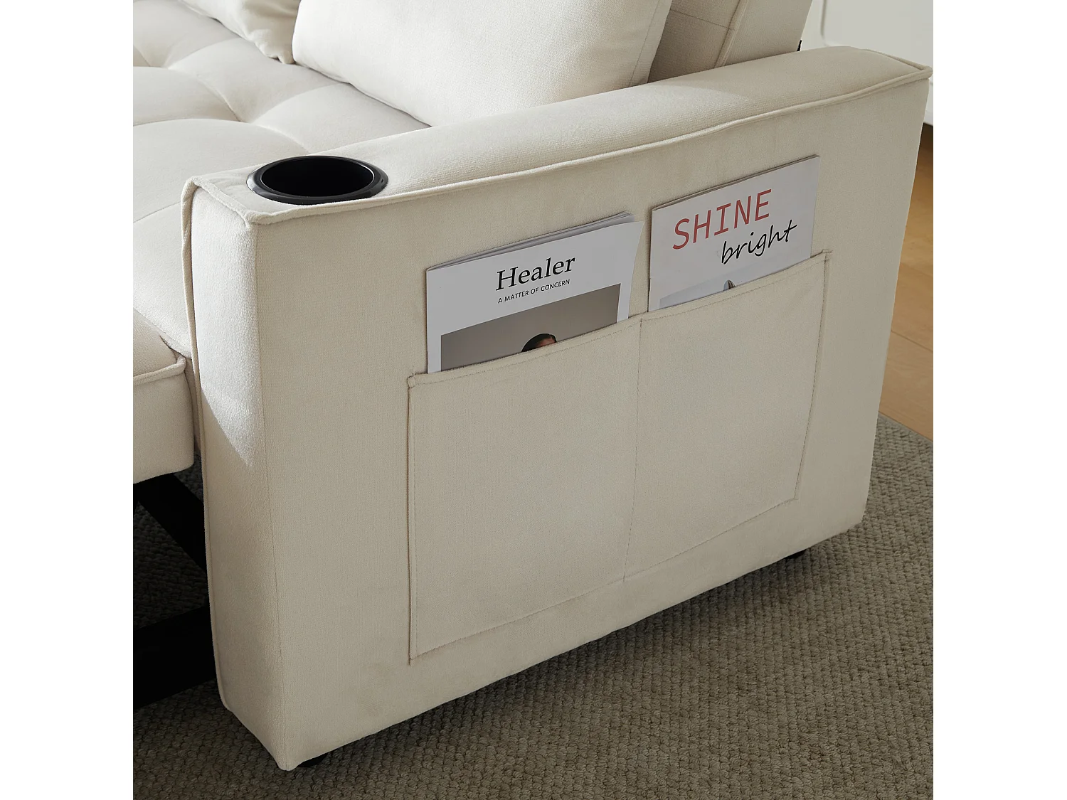 Canapé-lit 2 places – Convertible 3 positions, porte-gobelets & poches latérales, coussins déhoussables, cadre bois-métal – Velours – Beige