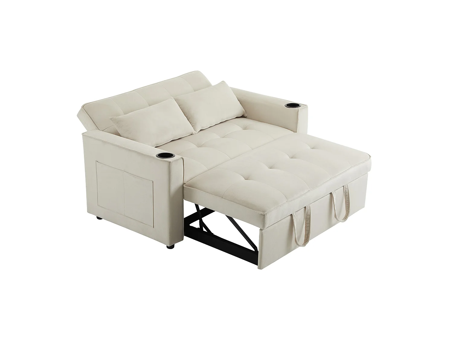 Canapé-lit 2 places – Convertible 3 positions, porte-gobelets & poches latérales, coussins déhoussables, cadre bois-métal – Velours – Beige
