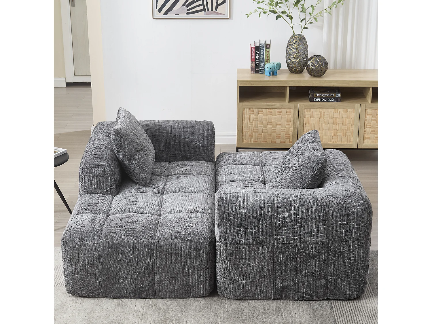Canapé L modulable 3 places avec chaise longue et accoudoirs - Chenille, mousse haute - 2 poches latérales, 3 coussins - Sans montage - Gris