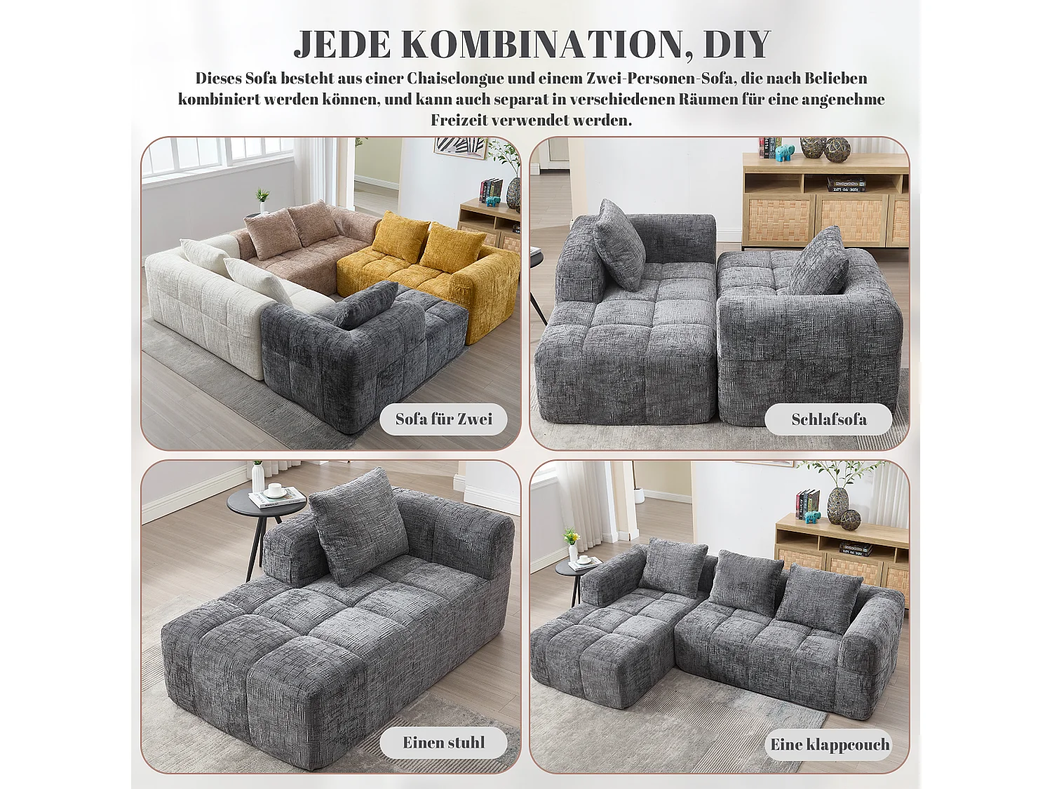 Canapé L modulable 3 places avec chaise longue et accoudoirs - Chenille, mousse haute - 2 poches latérales, 3 coussins - Sans montage - Gris