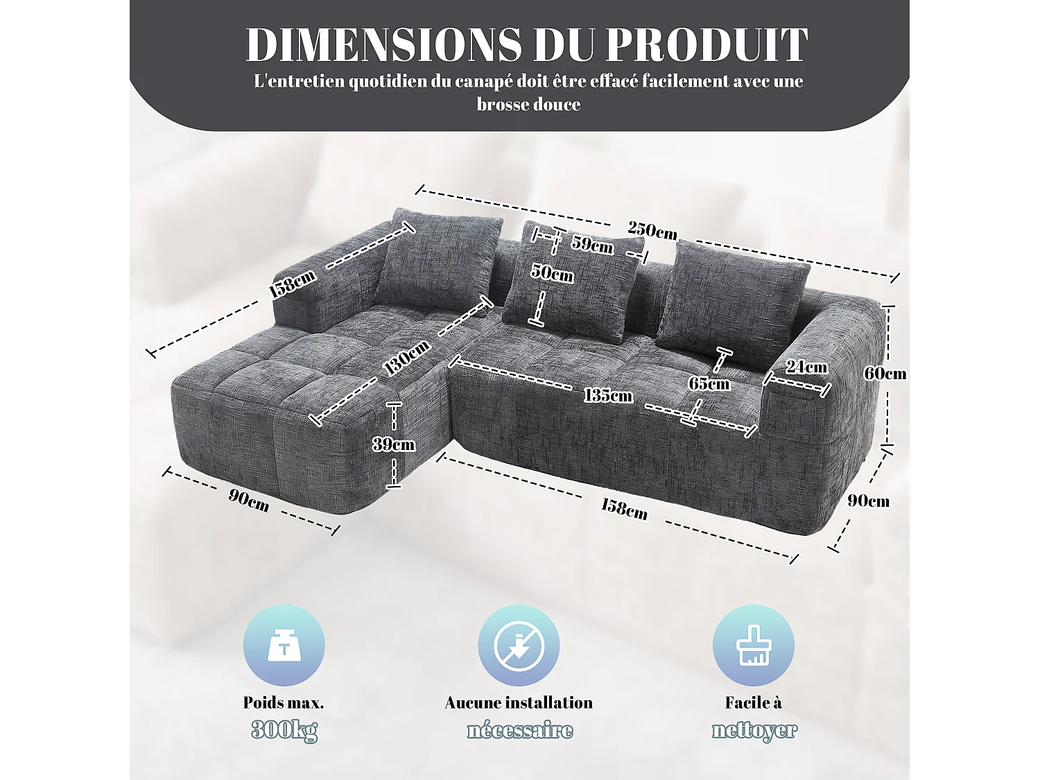 Canapé L modulable 3 places avec chaise longue et accoudoirs - Chenille, mousse haute - 2 poches latérales, 3 coussins - Sans montage - Gris